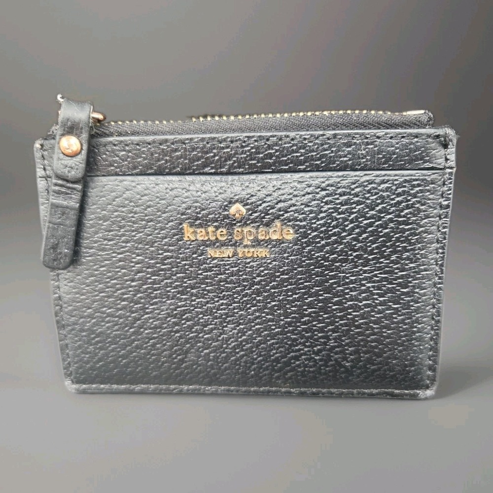 Kate Spade New York Black Pebbled Leather Zip Top Card Case Wallet Coin Purse